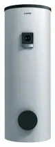 Vaillant Warmwasserspeicher in zylindrischer Form, mit digitalem Steuerdisplay auf der Vorderseite, in grauer und schwarzer Farbgebung.